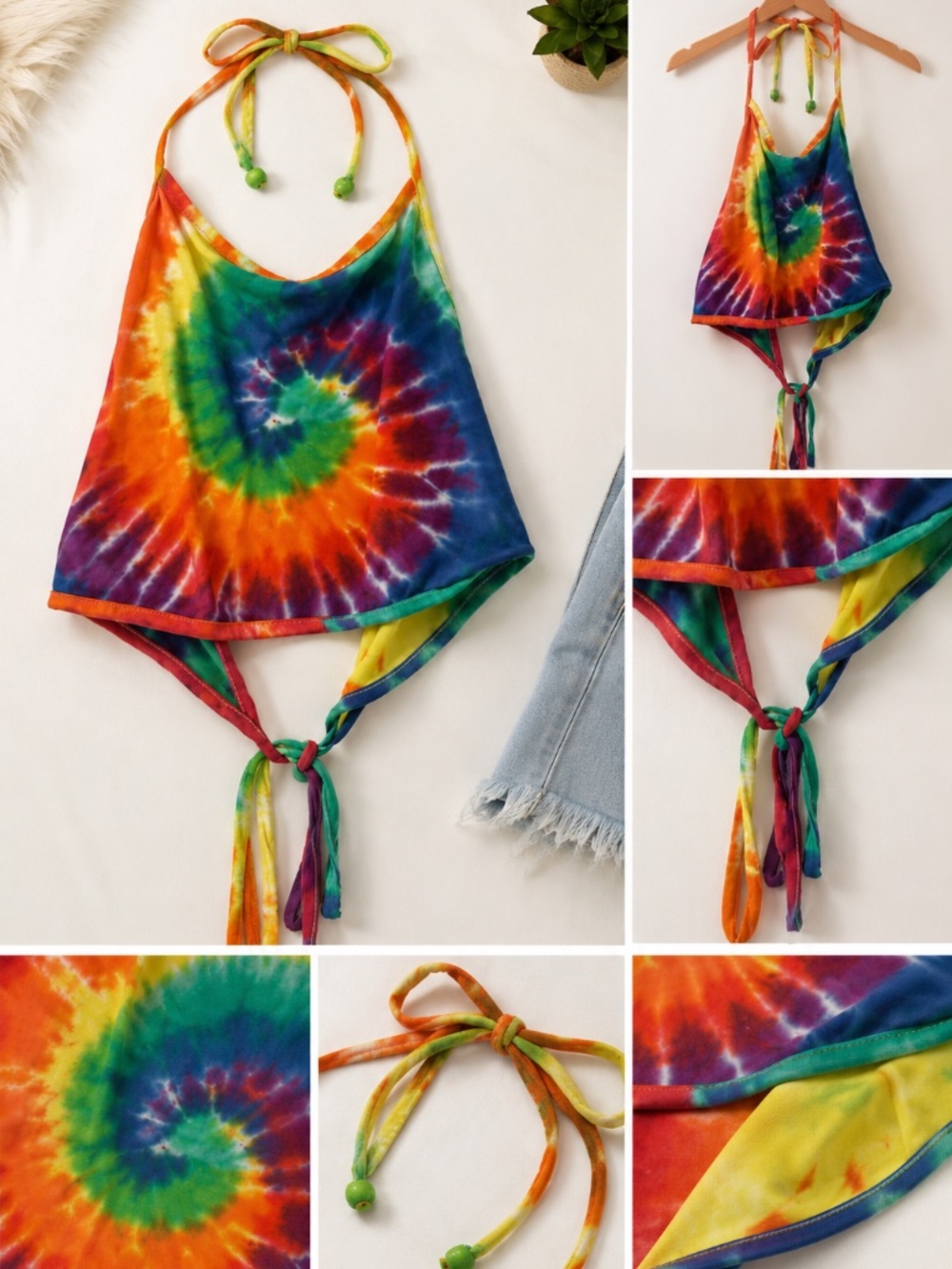 Y2K Rainbow Tie Dye Halter Tie Back Crop Top | Festival Boho Beach